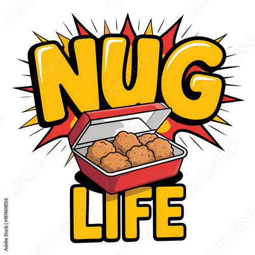 Fun and playful design showcasing a red takeout box filled with chicken nuggets, celebrating nugget culture and enjoyment of fast food