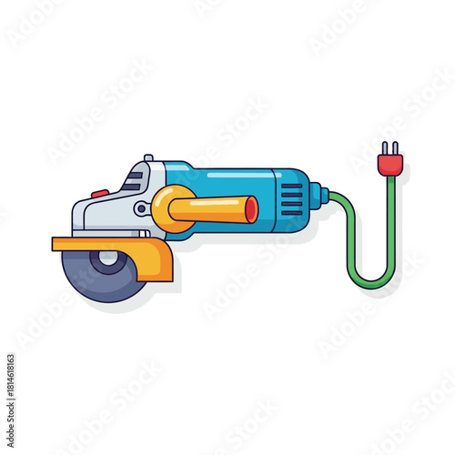 Colorful electric angle grinder power tool illustration with a yellow guard and green cord.