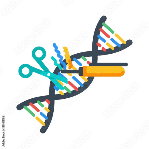 Colorful DNA Strand Being Edited with Scissors and Screwdriver, Genetic Engineering Concept.