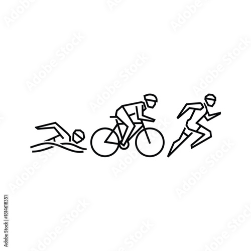 Triathlon athlete performing swimming, cycling and running isolated on