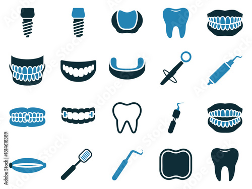 A collection of dental icons showcasing various tools and procedures in dentistry.