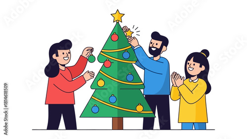 Festive Family: A heartwarming scene unfolds as a family joyfully decorates a Christmas tree, radiating warmth and togetherness during the holiday season.