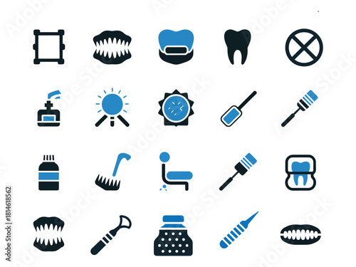 A collection of dental icons representing oral hygiene tools and practices.