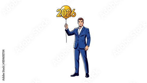 Year of Opportunity: An illustration of a man confidently holding a balloon with the year 2026, symbolizing aspiration and foresight in business. 