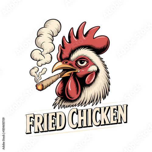 Funny rooster with a cigarette and a sign for fried chicken under a playful cartoon style