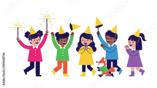 Playful Celebration: Delightful children revel in a joyous gathering, adorned with party hats and holding sparklers, symbolizing festive moments of togetherness.