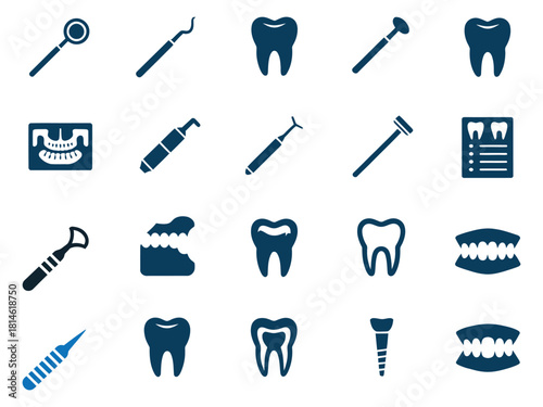A collection of dental tools and icons, featuring a diverse array of instruments and teeth illustrations.