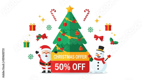 Festive Christmas Offer: A cheerful scene with Santa Claus and a snowman surrounded by gifts, a Christmas tree, and candy canes announcing a holiday promotion.