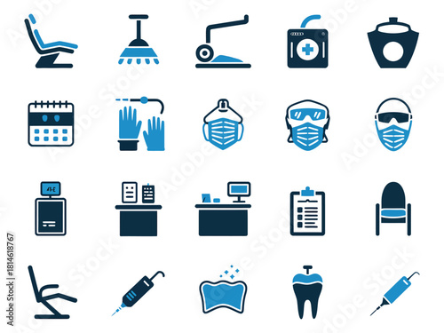 Dental clinic icons illustrating equipment, appointments, and hygiene in a modern healthcare setting.