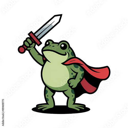 Cartoon frog knight holds a sword ready for adventure in a fantasy setting