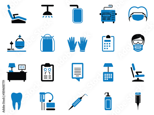 Collection of dental and medical icons in blue and black, showcasing tools and safety equipment.