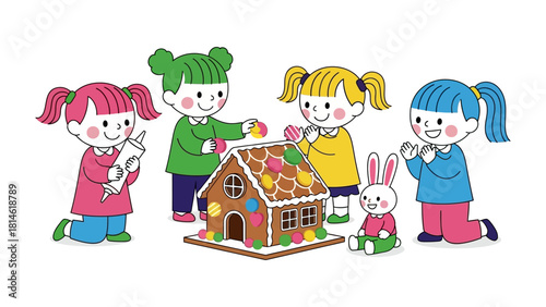 Kids Decorating Gingerbread House: Four children collaborate with playful determination and creativity to decorate a gingerbread house, showcasing the joy of festive traditions, and imagination.