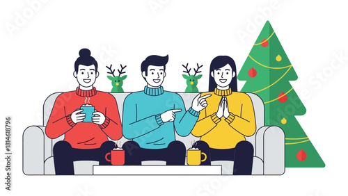 Festive Gathering: Friends Laughing Together at Holiday Time: A merry group of friends gathers on a couch, sharing laughter and warmth during the holiday season.