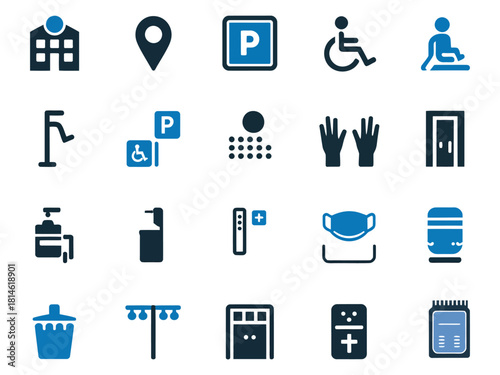 Collection of blue icons representing various facilities and amenities in public spaces.