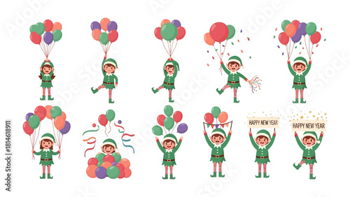 Whimsical Elf Celebrations: An illustration showcasing a collection of joyful elves engaged in festivities, each holding balloons. They're cheerful and ready to ring in the celebrations.