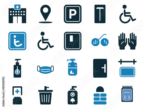 A collection of universal symbols indicating healthcare, accessibility, and safety.