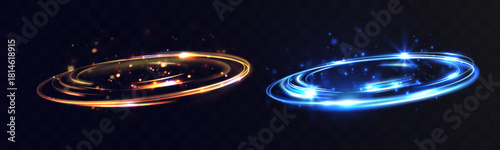 Lux swirl rings in gold and blue tones with glowing particles, sparkling energy trails and glamorous shimmering effects on a dark transparent background.
