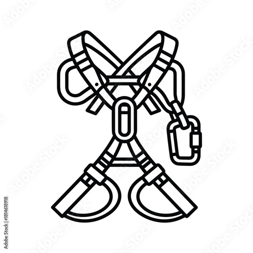 A black and white line drawing of a safety harness isolated on