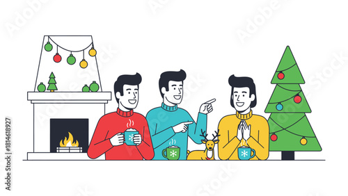 Warm Christmas Gathering: Three friends sharing warm mugs amidst a festive fireplace and Christmas tree, celebrating the holiday spirit