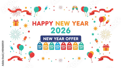 New Year Offer 2026: An elegant illustration celebrates the dawn of 2026 with festive ornaments and exclusive offers, inviting prosperity and joy to everyone.