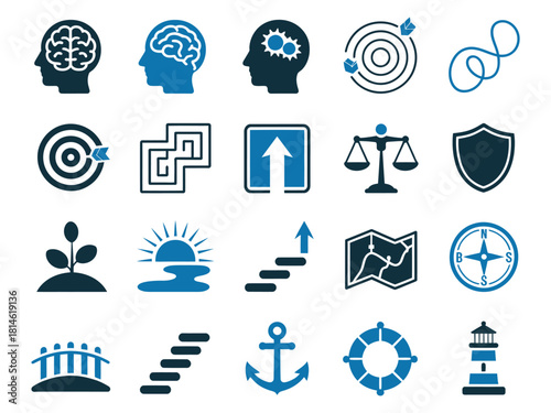 Collection of abstract icons representing various concepts such as growth, direction, and balance.