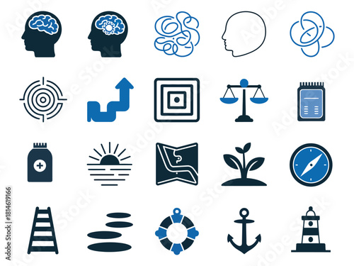 Vector icons representing various concepts like growth, navigation, and balance in a modern design.