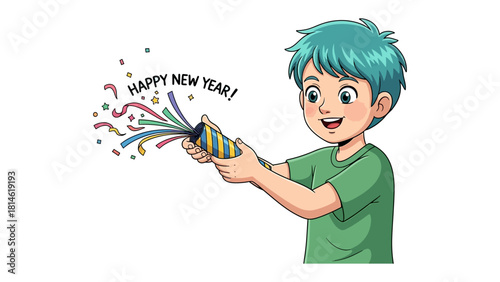 Festive New Year Celebration: A joyful illustration captures a young person filled with glee celebrating the dawn of a new year. They triumphantly activate a confetti cannon.