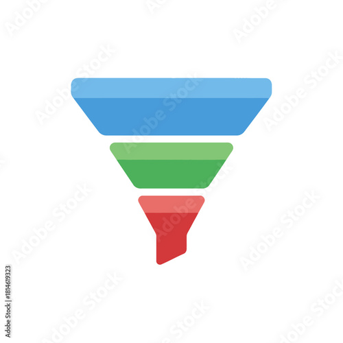 Colorful three-stage sales funnel icon with blue, green, and red segments in a flat design style.