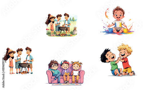 Vsai children friends engaging various activities illustration set