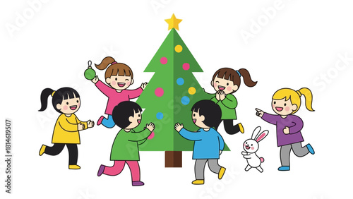 Joyful Ornamenting: A group of children collaboratively decorate a Christmas tree, radiating happiness and festive cheer with a playful white bunny.