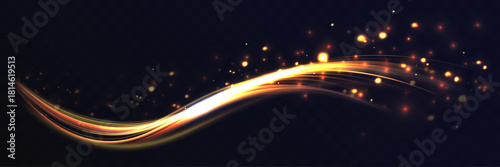 Golden glowing swirling light waves with dynamic curved trails, sparkling particles and radiant energy streaks on dark transparent background.
