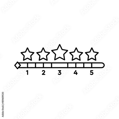 Line art icon representing a three out of five star rating scale with numbers one to five below, isolated on