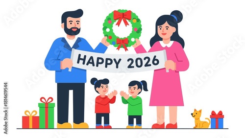 Happy Family Christmas: a loving family heralds the new year, embracing togetherness during the festive holiday, with joy in their hearts.