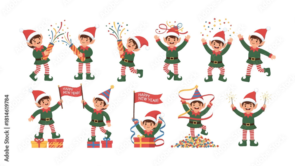 Fototapeta premium Elf Christmas Festive Elements: A delightful collection of festive elves celebrating the holidays with various elements in a playful and joyful manner.