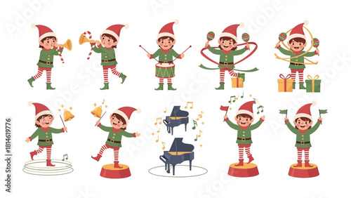 Christmas Elf Parade: Festive illustration of various christmas elf characters playing instruments and celebrating the joyous holiday season.