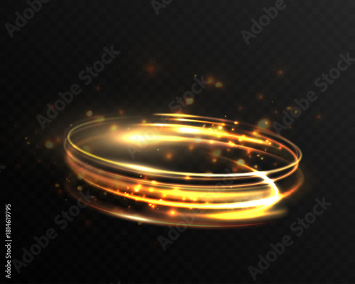 Lux golden swirling light ring with glossy radiant glow, sparkling particles and shimmering glam wave trail flowing across dark transparent background.
