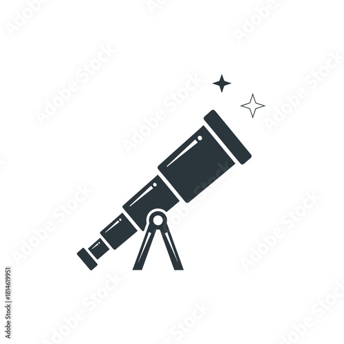 Dark Gray Telescope Icon with Tripod and Two Stars, Astronomy Tool.