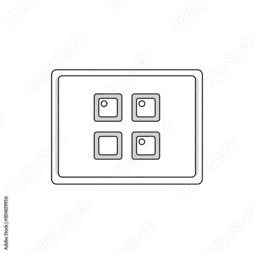 Detailed line art drawing of a four-gang light switch with square buttons and indicator lights.