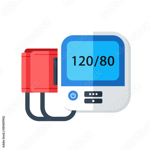 Digital blood pressure monitor with a white unit, blue screen displaying 12080, and a vibrant red arm cuff.