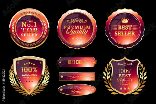 Golden luxury labels and banners, gold badge vector .premium quality certificate seal ribbons, shield icon, VIP, best choice logo tags for best price product .Best seller stamp, label, sticker 