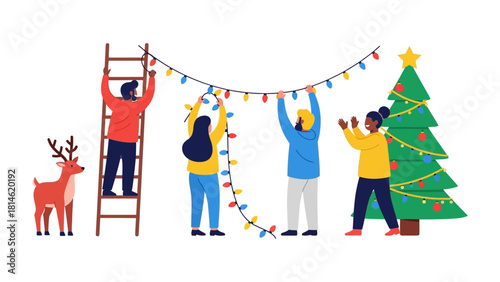 Decorating for the Holidays: A cheerful group of friends working together to adorn a Christmas tree, wrapping it in twinkling lights and decorations, embodying the spirit of the season.