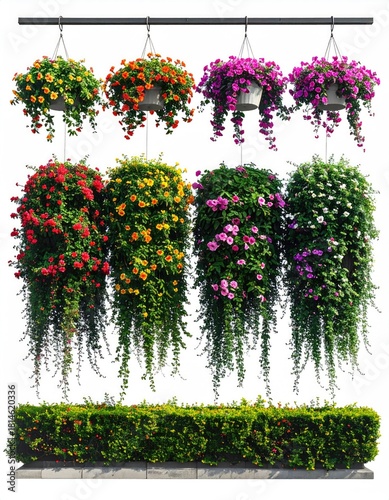 Hanging flowerpots. Vivid blooms and trailing vines