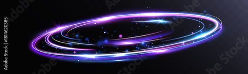 Vibrant neon purple and blue swirling light ring with glossy glow, sparkling particles and radiant glam energy streaks on dark transparent background.
