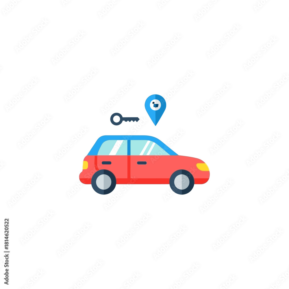 Obraz premium Flat design icon of a red car with a blue roof, a key, and a blue location pin with an eye symbol.