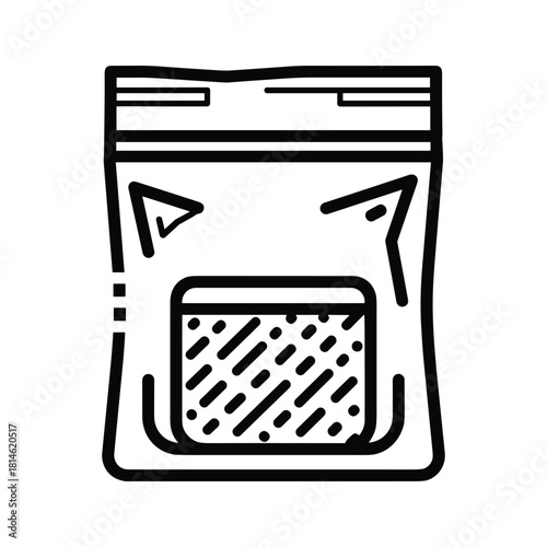 Black and white line art icon of a resealable plastic pouch with a clear window and zipper seal, isolated on