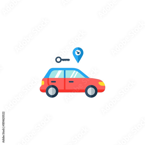 Flat design icon of a red car with a blue roof, a key, and a blue location pin with an eye symbol.