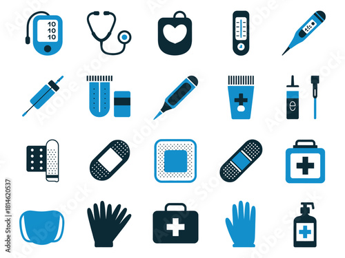 A collection of medical icons in blue, showcasing healthcare essentials and tools.