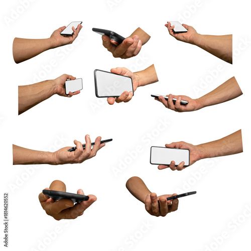 Set of human's hand palms holding mobile phone with frameless blank screen in different positions and view angles isolated on white