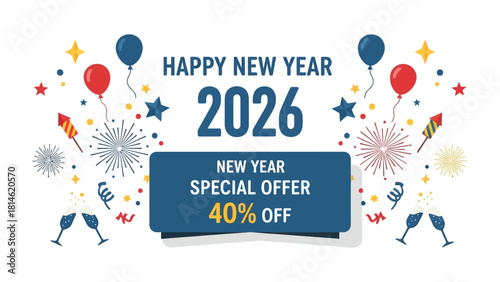 New Year Special Offer Celebration: A vibrant banner heralding the arrival of the New Year, adorned with festive elements and an attractive special offer to celebrate new beginnings.