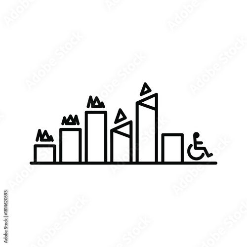 Minimalist line art icon representing city skyline with varied building heights and accessibility symbol isolated on